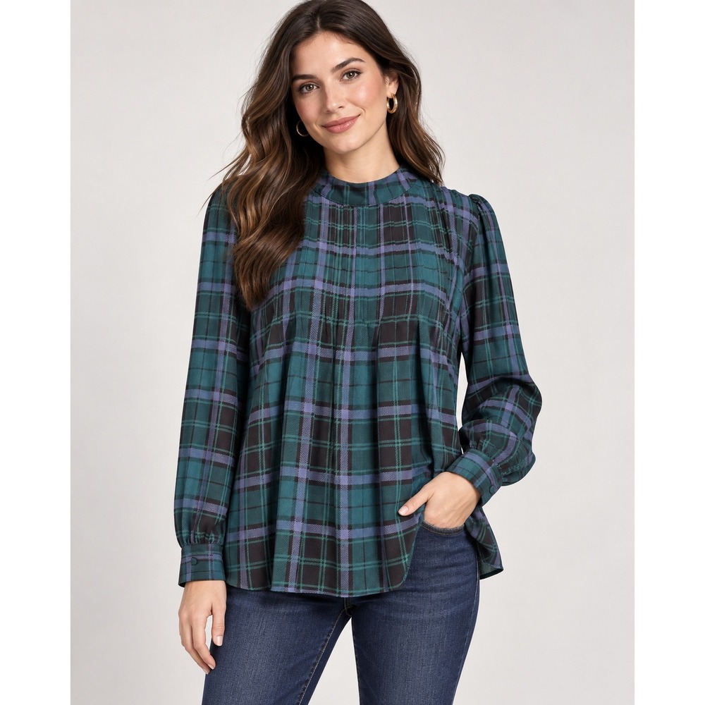 Ann Taylor Green Plaid Mock Neck Pintuck Blouse Long Sleeve Large